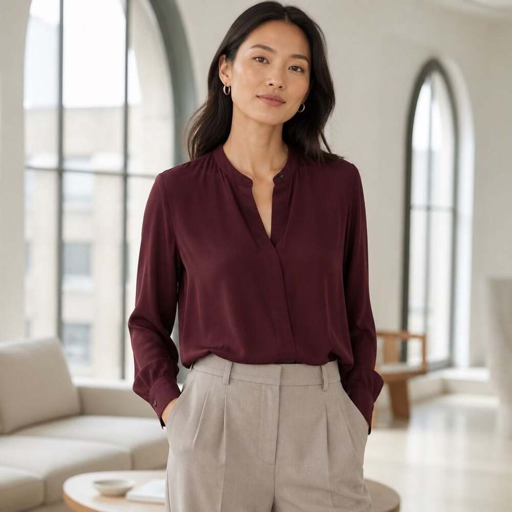Theory Orvinio Classic GGT 100% Silk Band Collar Blouse Wine Red Size P